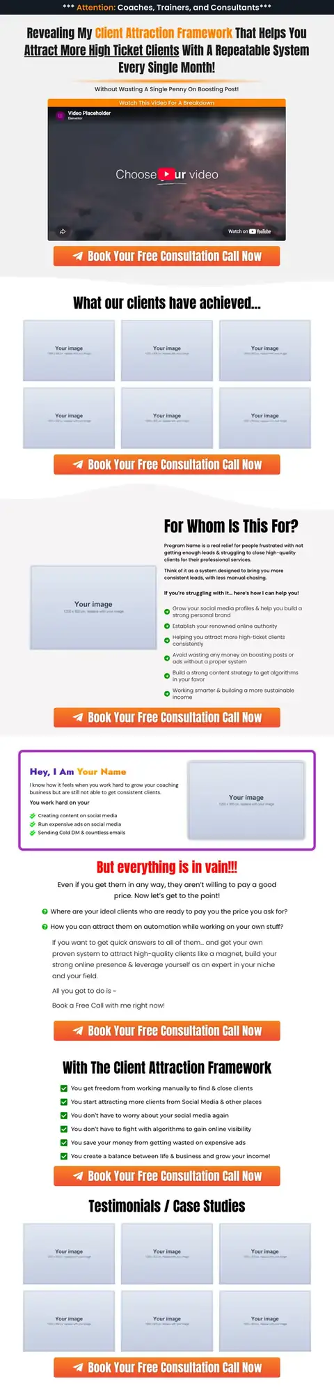 Consultation call Elementor landing page template, full page preview
