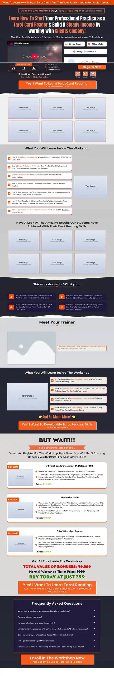 Paid workshop Elementor landing page template, full page preview