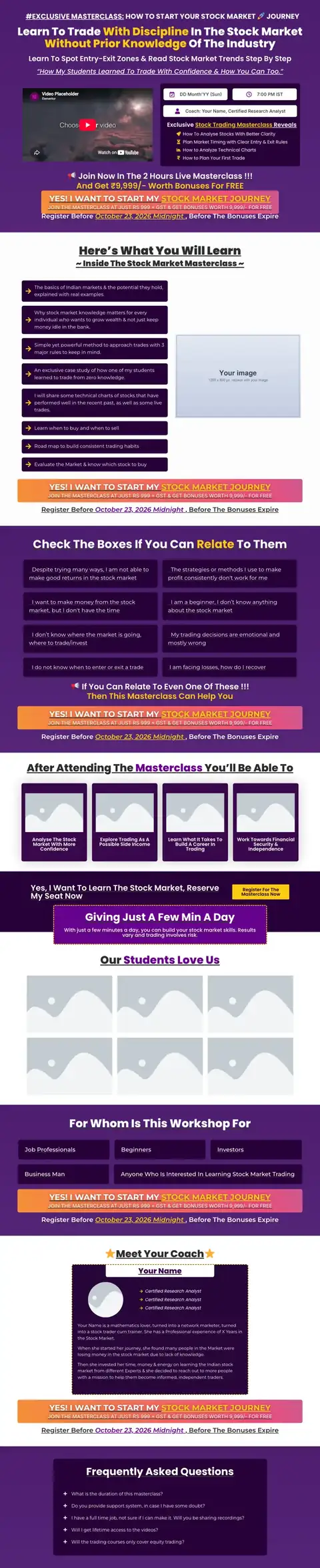 Masterclass Elementor landing page template, full page preview