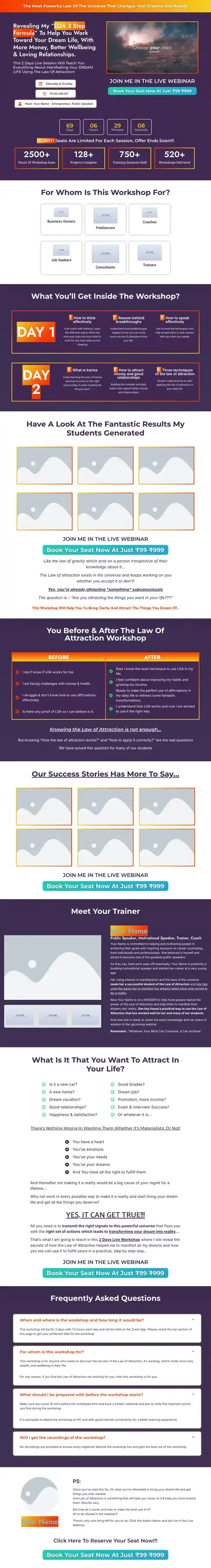 Paid webinar Elementor landing page template, full page preview