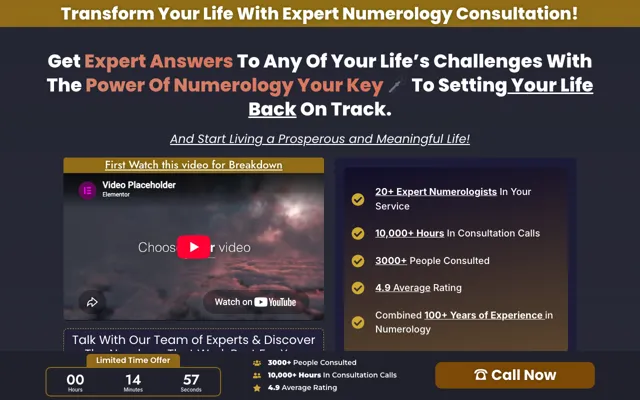 Consultation Booking: Numerology Elementor landing page template demo