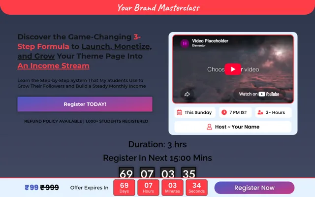 Paid Webinar: Masterclass Launch Elementor landing page template demo