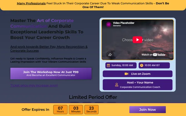 Paid Workshop: Communication Skills Elementor landing page template demo