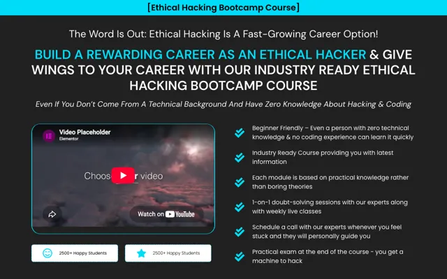 Bootcamp: Ethical Hacking Course Elementor landing page template demo