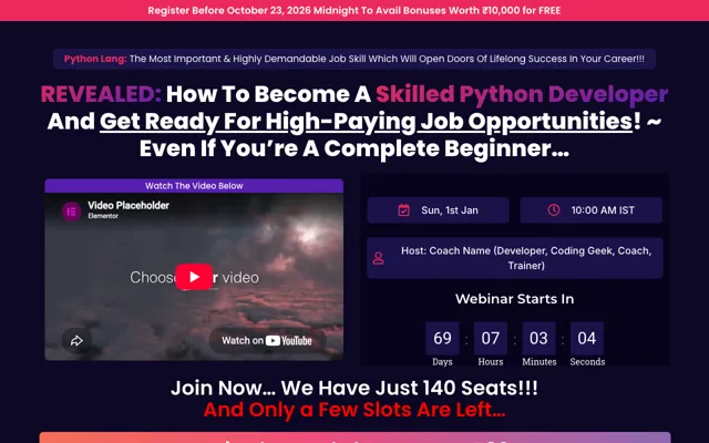 Paid Webinar: Python Career Elementor landing page template demo