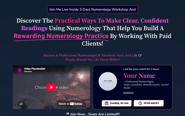 3-Day Workshop: Numerology Elementor landing page template demo