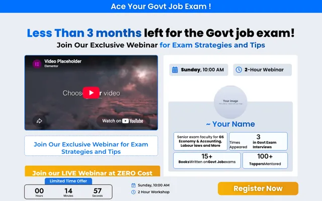 Free Webinar: Exam Preparation Elementor landing page template demo