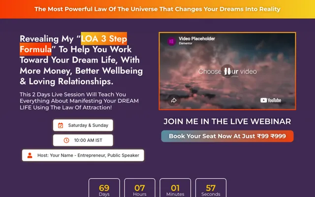 Paid Webinar: Manifestation Elementor landing page template demo